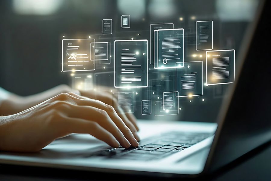 Foto: Finger tippen auf Laptoptastatur